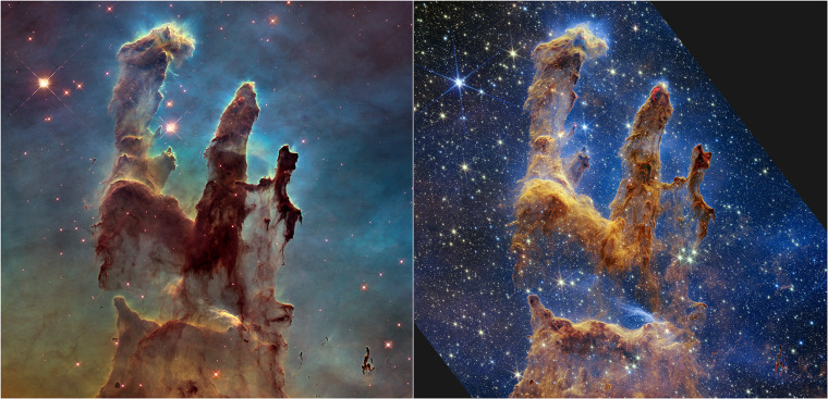On the left, the Pillars of Creation captured by the Hubble Space Telescope and, on the right, a new, near-infrared-light view from the James Webb Space Telescope