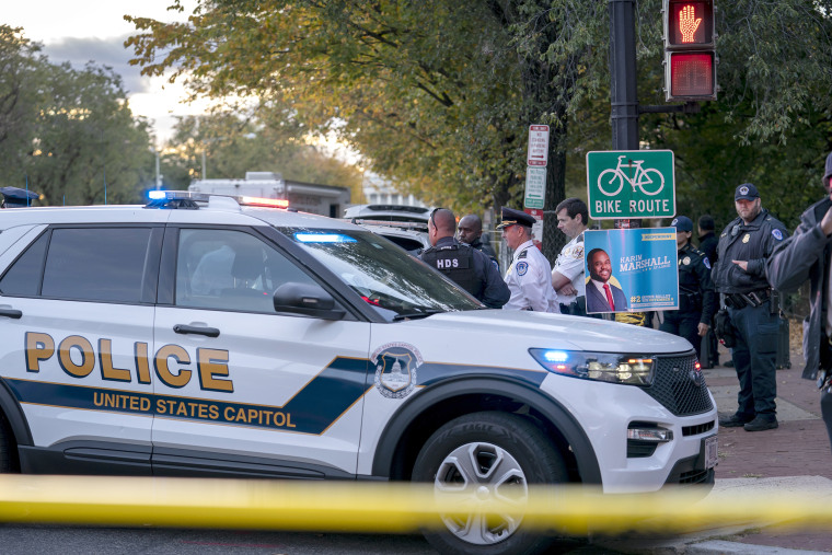U.S. Capitol Police investigate near the Supreme Court and Capitol after reports of a suspicious vehicle in which two men and a woman were detained with guns, in Washington, on Wednesday, Oct. 19, 2022.