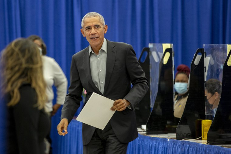 Former President Barack Obama casts his vote at an early voting venue on Oct. 17, 2022 in Chicago.