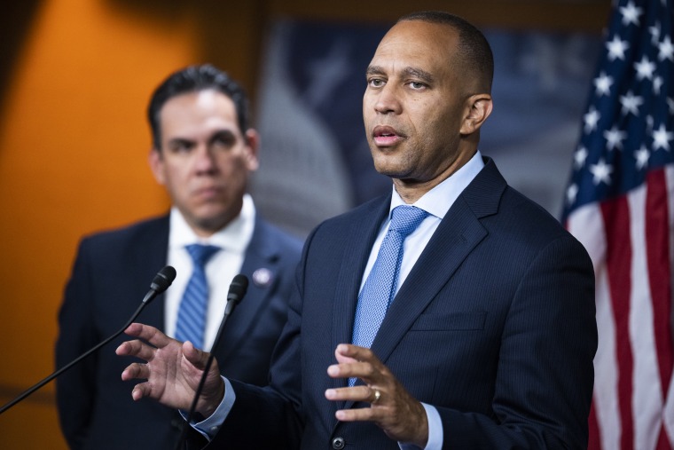 Democratic Caucus Chair Hakeem Jeffries, D-N.Y., conducts a news conference in the Capitol Visitor Center on Sept. 20, 2022.