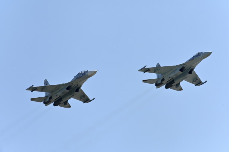 Su-27 jet fighters fly during a recruiting event in Rostov-on-Don, Russia