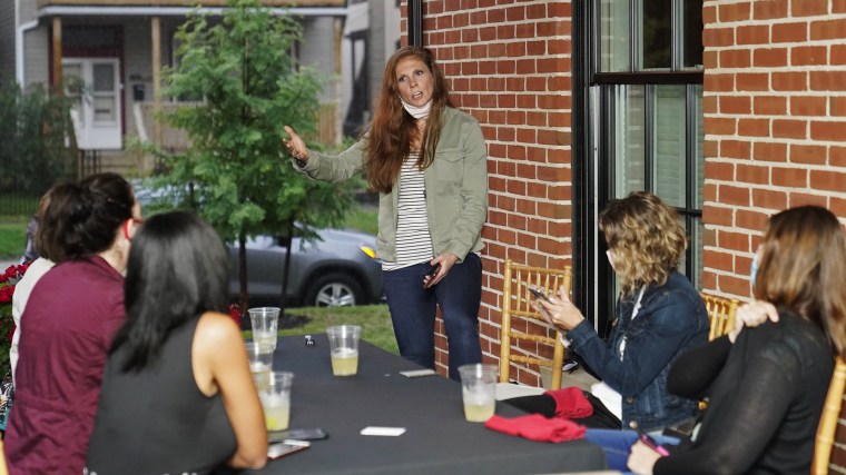 Katie Paris speaks to members of Red, Wine & Blue on Sept. 28, 2020, in Cleveland.