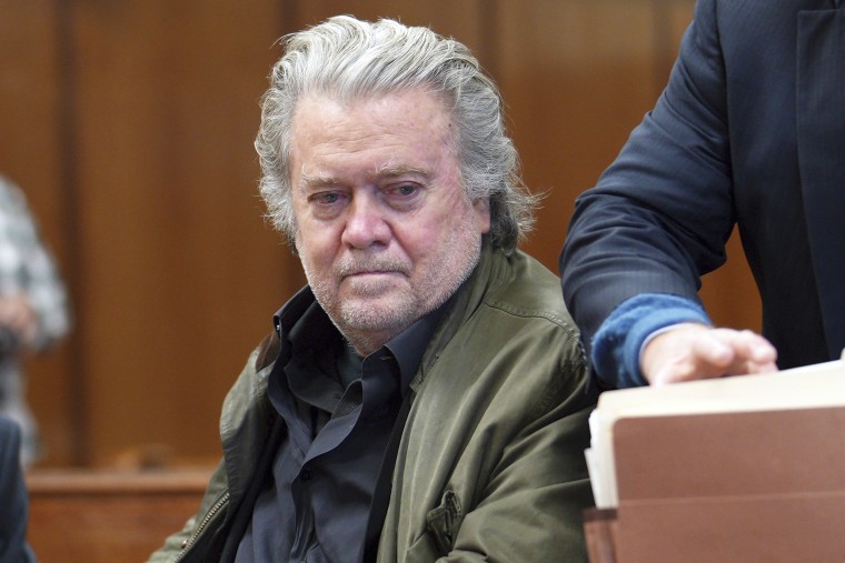 Former President Donald Trump's longtime ally Steve Bannon appears in Manhattan Supreme Court, Tuesday, Oct. 4, 2022. Bannon's trial on charges he defrauded donors who gave money to build a wall on the U.S. southern border might not happen until late next year, a judge said Tuesday.
