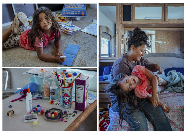 Inez Salinas and River inside their trailer.