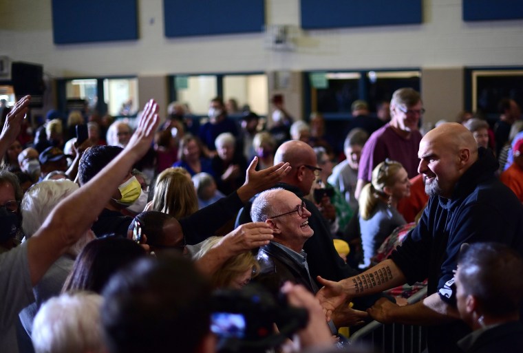 WALLINGFORD, PA - OCTOBER 15:  Democratic candidate for U.S. Senate John Fetterman greets supporters during a rally at Nether Providence Elementary School on October 15, 2022 in Wallingford, Pennsylvania.  Election Day will be held nationwide on November 8, 2022. (Photo by Mark Makela/Getty Images)