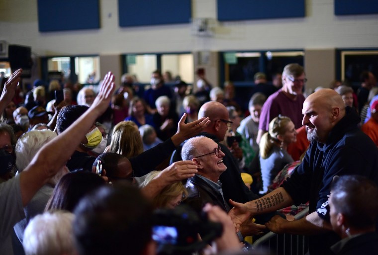 WALLINGFORD, PA - OCTOBER 15: Democratic candidate for U.S. Senate John Fetterman greets supporters during a rally at Nether Providence Elementary School on October 15, 2022 in Wallingford, Pennsylvania. Election Day will be held nationwide on November 8, 2022. (Photo by Mark Makela/Getty Images)