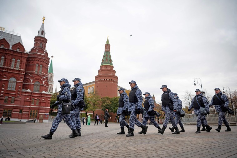 Members of the Russian National Guard  secure the area around the Kremlin in Moscow on Oct. 20, 2022. 