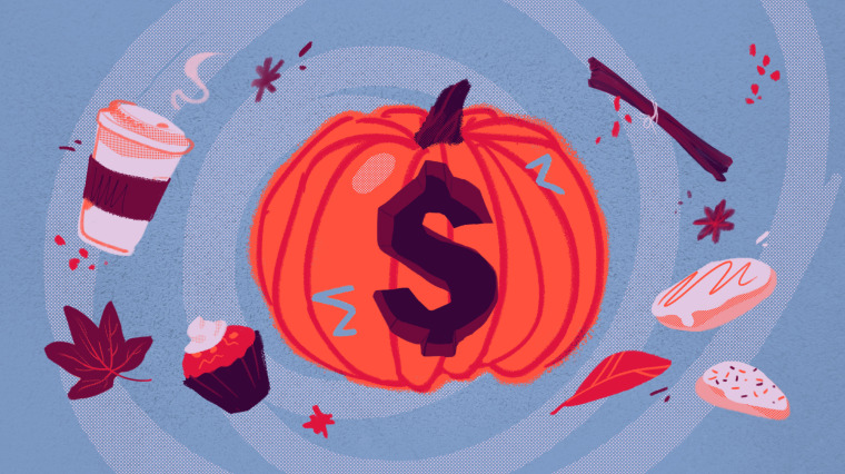 Illustration of a pumpkin with a dollar sign carved into it, surrounded by sweets, spices, and a latte.