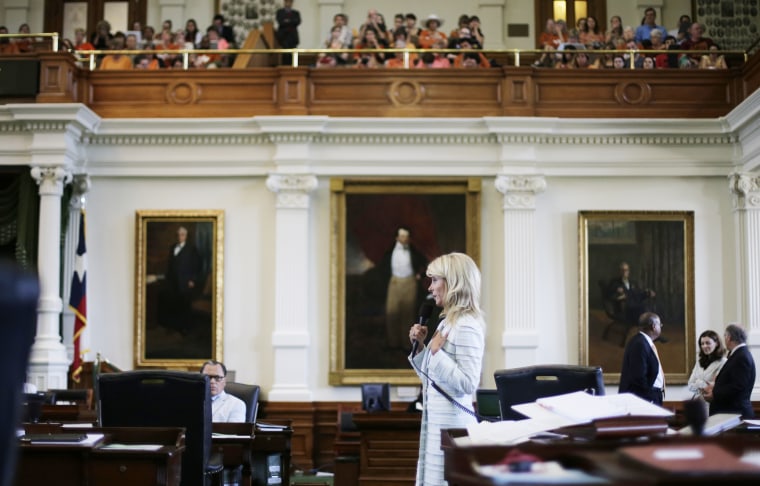 Then-Sen. Wendy Davis speaks during her 13-hour filibuster of an abortion bill