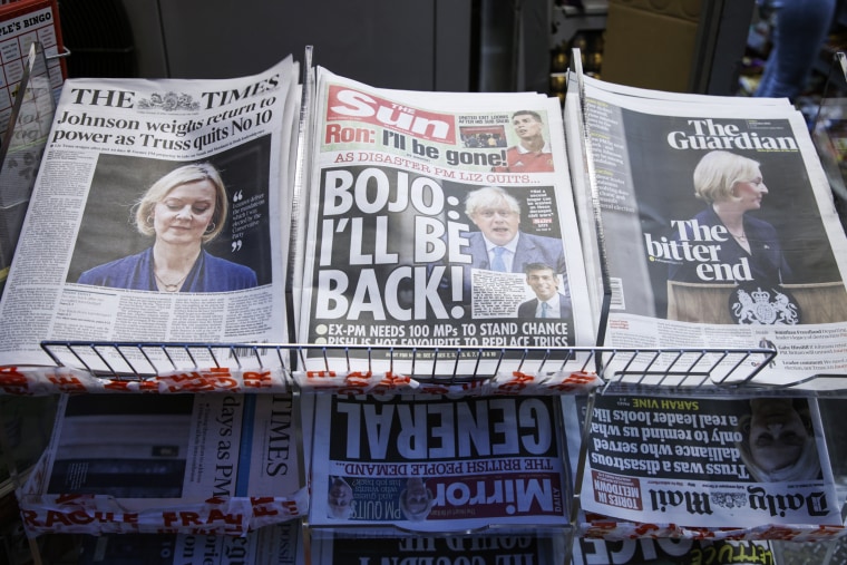 A selection of the front pages of British national newspapers showing the reaction the the resignation of Prime Minister Liz Truss in London on Oct. 21, 2022.