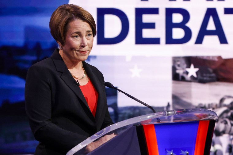 Massachusetts gubernatorial candidate Maura Healey faces Geoff Diehl at their final debate in Needham on Oct. 20, 2022.