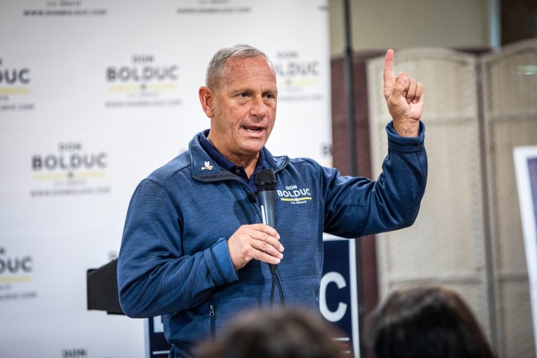 Republican senate nominee Don Bolduc speaks during a campaign event on Oct. 15, 2022 in Derry, N.H.