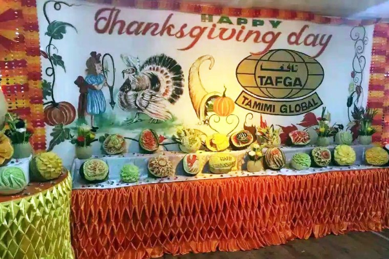 A Thanksgiving display at Camp Buehring in Kuwait made by Tamimi dining workers.