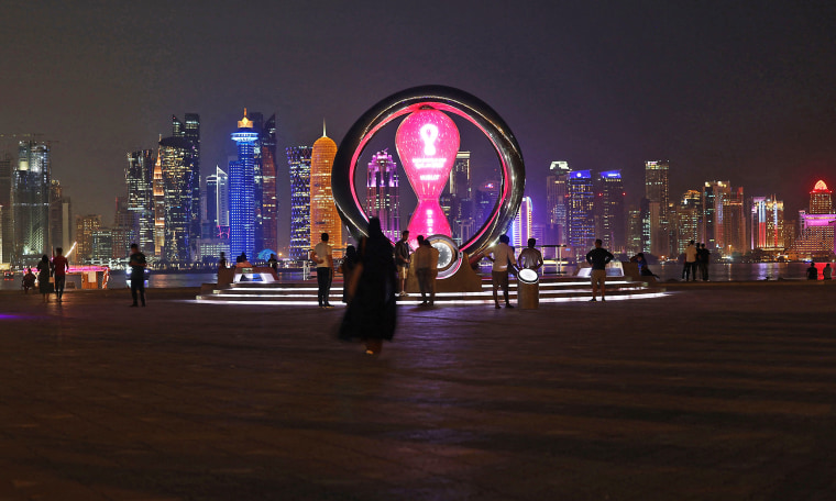 The countdown clock in the Qatari capital Doha ahead of the FIFA 2022 football World Cup on Oct. 11.