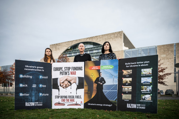 Svitlana Romanko, right, founder of the climate advocacy group Razom We Stand, attends a demonstration alongside other climate activists in Germany on Oct. 24, 2022.