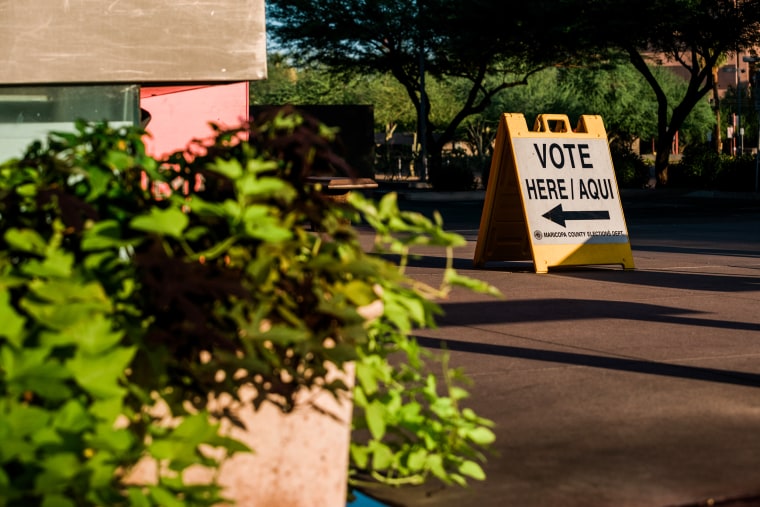 A "Vote Here" sign in Phoenix, Ariz., on Aug. 2, 2022.