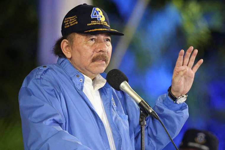 Nicaragua's President Daniel Ortega delivers a speech during the commemoration of the 43rd anniversary of the foundation of the National Police at the Revolution Square in Managua, on Sept. 28, 2022. 