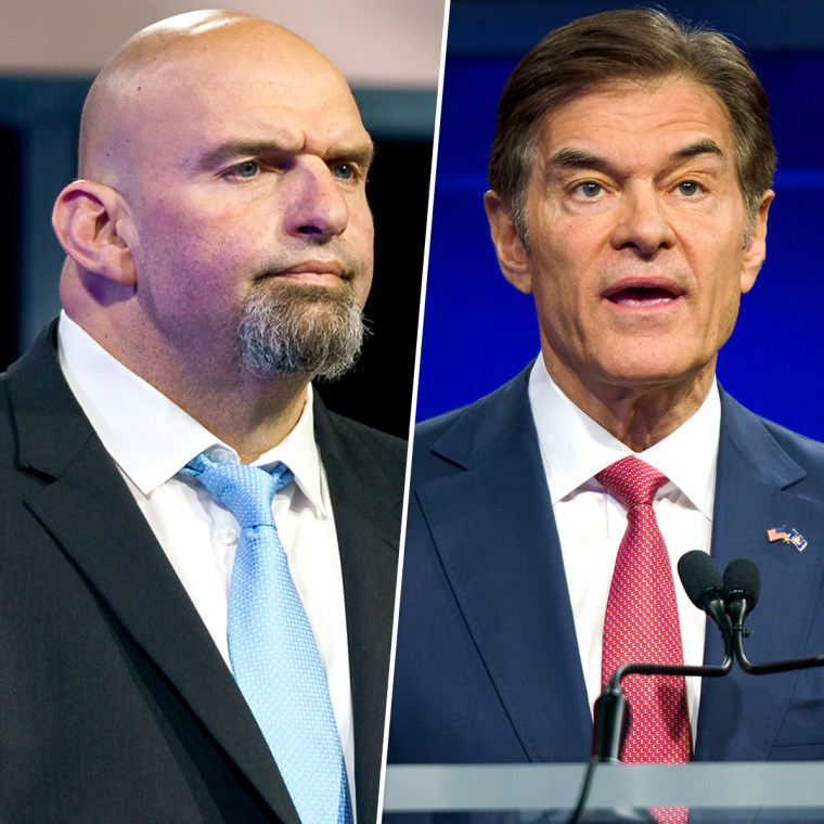 The candidates for governor in Pennsylvania — Democrat John Fetterman (left) and Republican Mehmet Oz — held their first and only debate Tuesday night. 