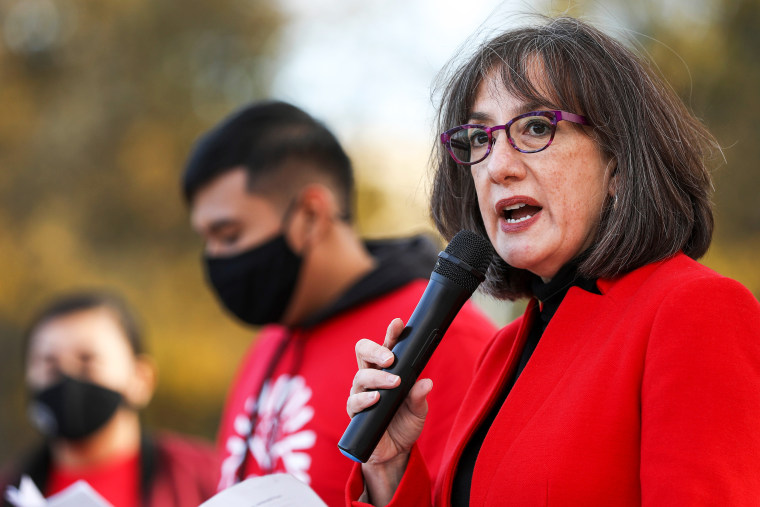 Rep. Andrea Salinas, D-Lake Oswego, speaks at a PCUN rally to kick off a campaign for farmworker overtime, a bill they're introducing again in the short legislative session, on Tuesday, Nov. 16, 2021 at the Oregon State Capitol in Salem, Ore.