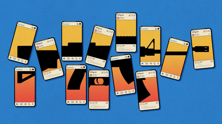 Illustration of 13 phones with Instagram and Facebook apps on them, the images on the phones create a shape of an AR-15 together.