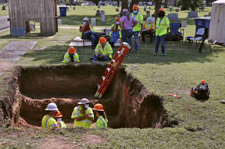 Work continues on an excavation of a potential unmarked mass grave from the 1921 Tulsa Race Massacre, at Oaklawn Cemetery in Tulsa, Okla.,