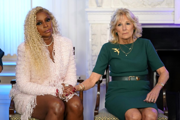 First lady Jill Biden, right, holds hands with singer Mary J. Blige during an event to launch the American Cancer Society's national roundtables on breast and cervical cancer in the State Dining Room of the White House, Monday, Oct. 24, 2022, in Washington. (AP Photo/Patrick Semansky)