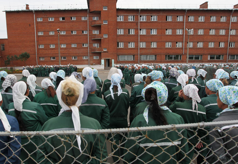 Imprisoned women stand during a morning inspection at a women's prison in Sarapul, central Russia, in 2021.