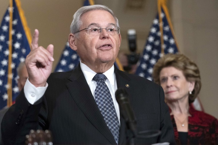 Sen. Bob Menendez, D-N.J., speaks during a news conference following the Democrats policy luncheon meeting on Capitol Hill, Tuesday, Sept. 20, 2022, in Washington. (AP Photo/Jose Luis Magana)