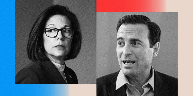 Photos of Sen. Catherine Cortez Masto and Adam Laxalt with blue and red gradients.