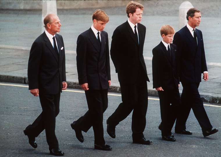 Prince Philip, the Duke of Edinburgh, Prince William, Earl Spencer, Prince Harry and Prince Charles, the Prince of Wales, follow the coffin of Diana, Princess of Wales, on Sept. 6, 1997.