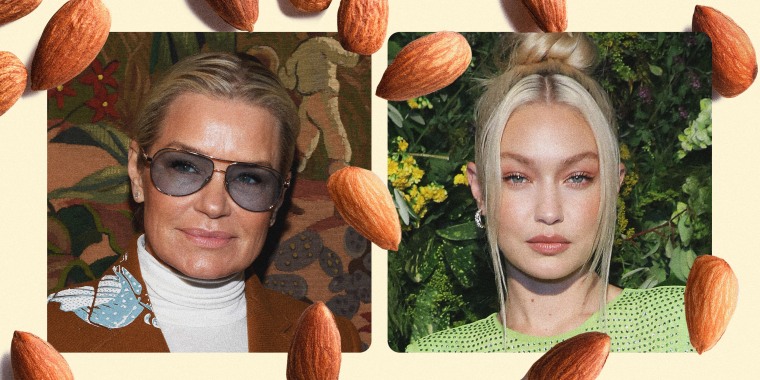 Photo illustration of Yolanda and Gigi Hadid and scattered almonds.