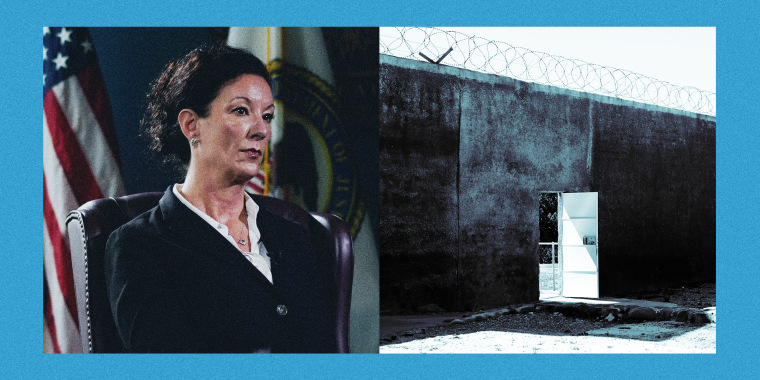Photo illustration of Bureau of Prisons Director Colette Peters and an open door on a prison fence with barbed wire.