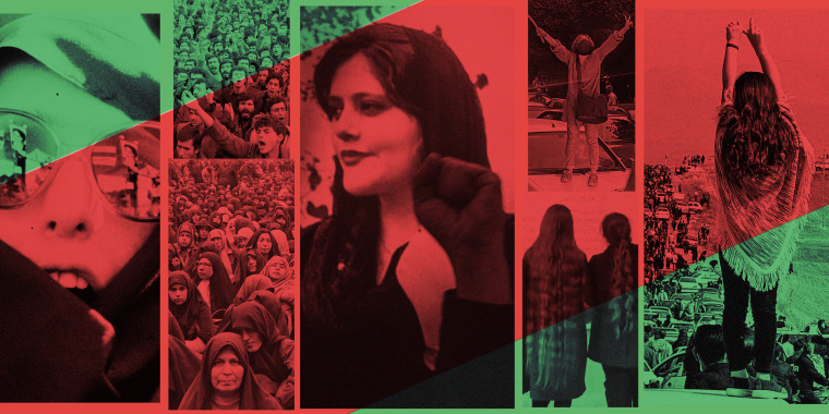 An illustration with photos from the 1979 revolution, left, a photo of Mahsa Amini, center, and protests in Iran in 2022.