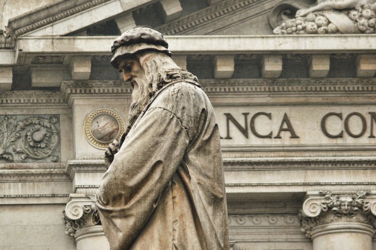 A sculpture of Leonardo Da Vinci in the Scala Square in Milan, Italy.