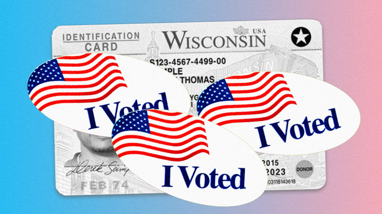 Photo illustration of Wisconsin ID Card with I Voted Stickers stuck to it, the background of the illustration are the colors of the trans flag. 