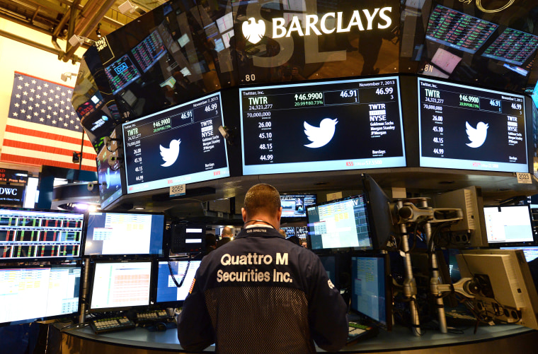 Screens display Twitter's share price at the New York Stock Exchange, on Nov. 7, 2013 in New York.