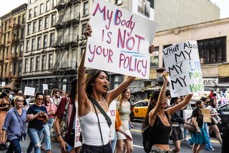 Abortion rights demonstrators march during a protest in New York