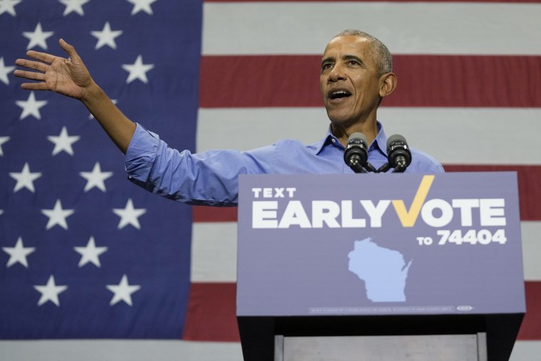 Former President Barack Obama speaks at a campaign stop for Wisconsin Democrats Gov. Tony Evers and U.S. Senate candidate Mandela Barnes, Saturday, Oct. 29, 2022, in Milwaukee.