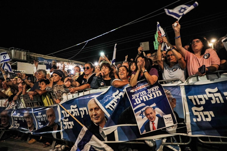 Benjamin Netanyahu's supporters at a campaign rally in the northern city of Tirat Carmel on Oct. 25, 2022, ahead of Israel's general elections. 