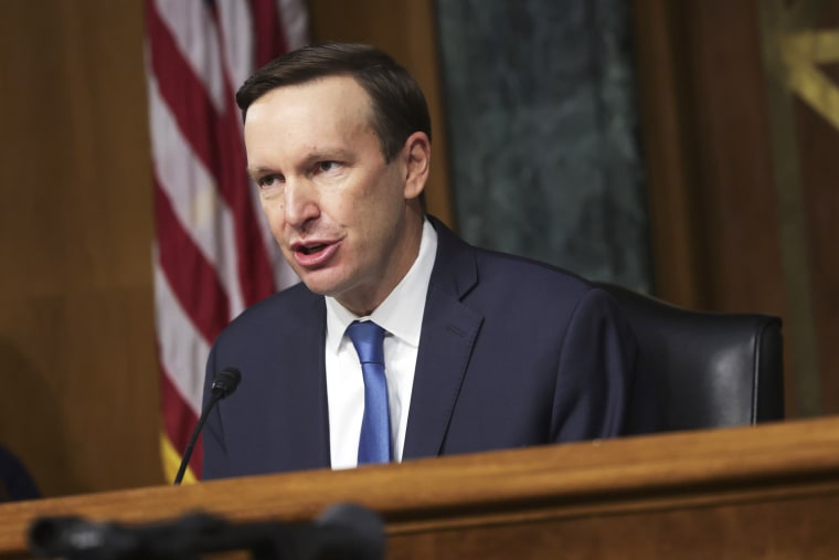 Sen. Chris Murphy, D-Conn., at a Senate Appropriations Subcommittee on Homeland Security hearing on Capitol Hill on May 4, 2022 in Washington, DC. Mayorkas addressed the budget request for fiscal year 2023 for the Department of Homeland Security. (Photo by Kevin Dietsch/Getty Images)