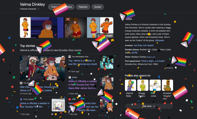 A screenshot of confetti and LGBTQ flags after searching "Velma" on Google.