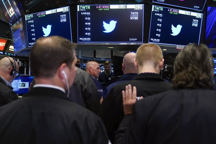 Los operadores se reúnen alrededor de un puesto mientras las acciones de Twitter se reanudan en el parqué de la Bolsa de Nueva York, el martes 4 de octubre de 2022.