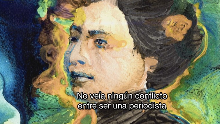 Una escena del documental de PBS sobre la mexicano-estadounidense Jovita Idar. Una fotografía de Idar luce pintada como con óleo sobre un fondo de verdes y azules