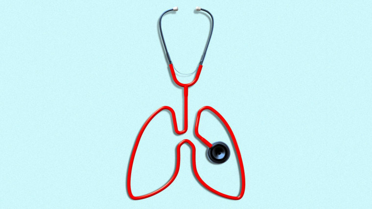 Ilustración que tiene un fondo de color aquamarino sobre el cual hay un estetoscopio médico en forma de pulmones, representando la salud respiratoria