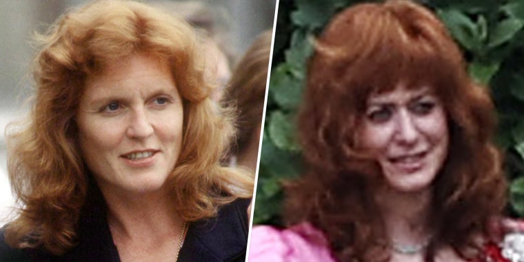 (L) Sarah, Duchess Of York at Princess Beatrice's School Sports Day. (R) Emma Laird Craig as Sarah, Duchess of York, Andrew’s wife.