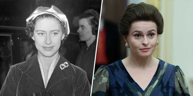 (Left) Princess Margaret in 1954. (Right) Helena Bonham Carter as Princess Margaret in "The Crown."