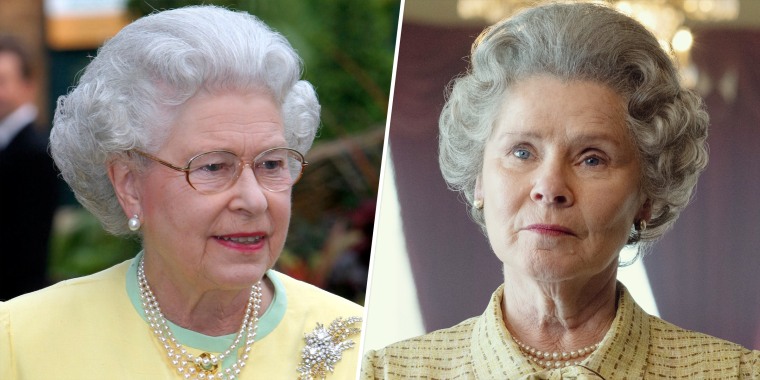 (L) Queen Elizabeth ll visits the Chelsea Flower Show on May 20, 2002 in London, England.  (R) Imelda Staunton as Queen Elizabeth ll on The Crown.