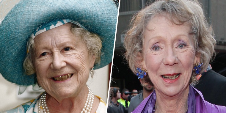 (L) The Queen Mother visiting Ronald Gibson House, a nursing home in Tooting, London on June 2,  1992. (R) Marcia Warren as Elizabeth II’s mother, Queen Elizabeth The Queen Mother.