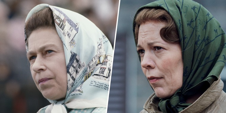 (Left) Queen Elizabeth II in 1980. (Right) Olivia Colman as Queen Elizabeth ll on "The Crown."