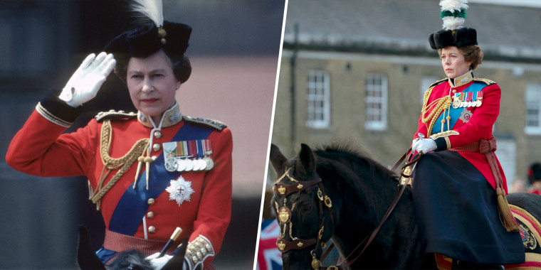 (Left) Queen Elizabeth ll during Trooping the Color in 1978 in London, England. (Right) Olivia Colman as Queen Elizabeth ll in "The Crown."